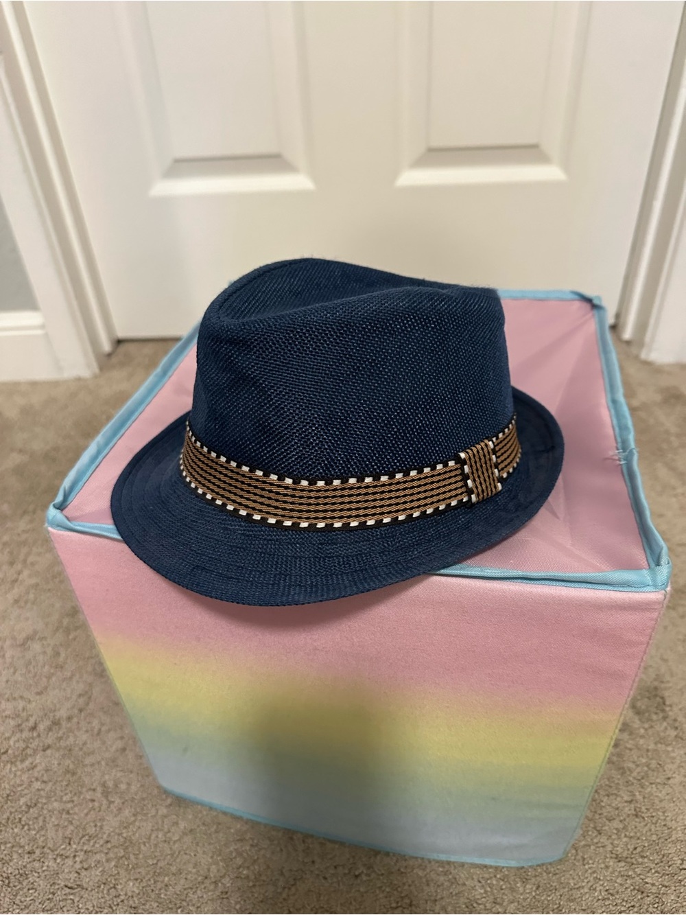 Kids Navy Straw Fedora with Brown Decorative Band